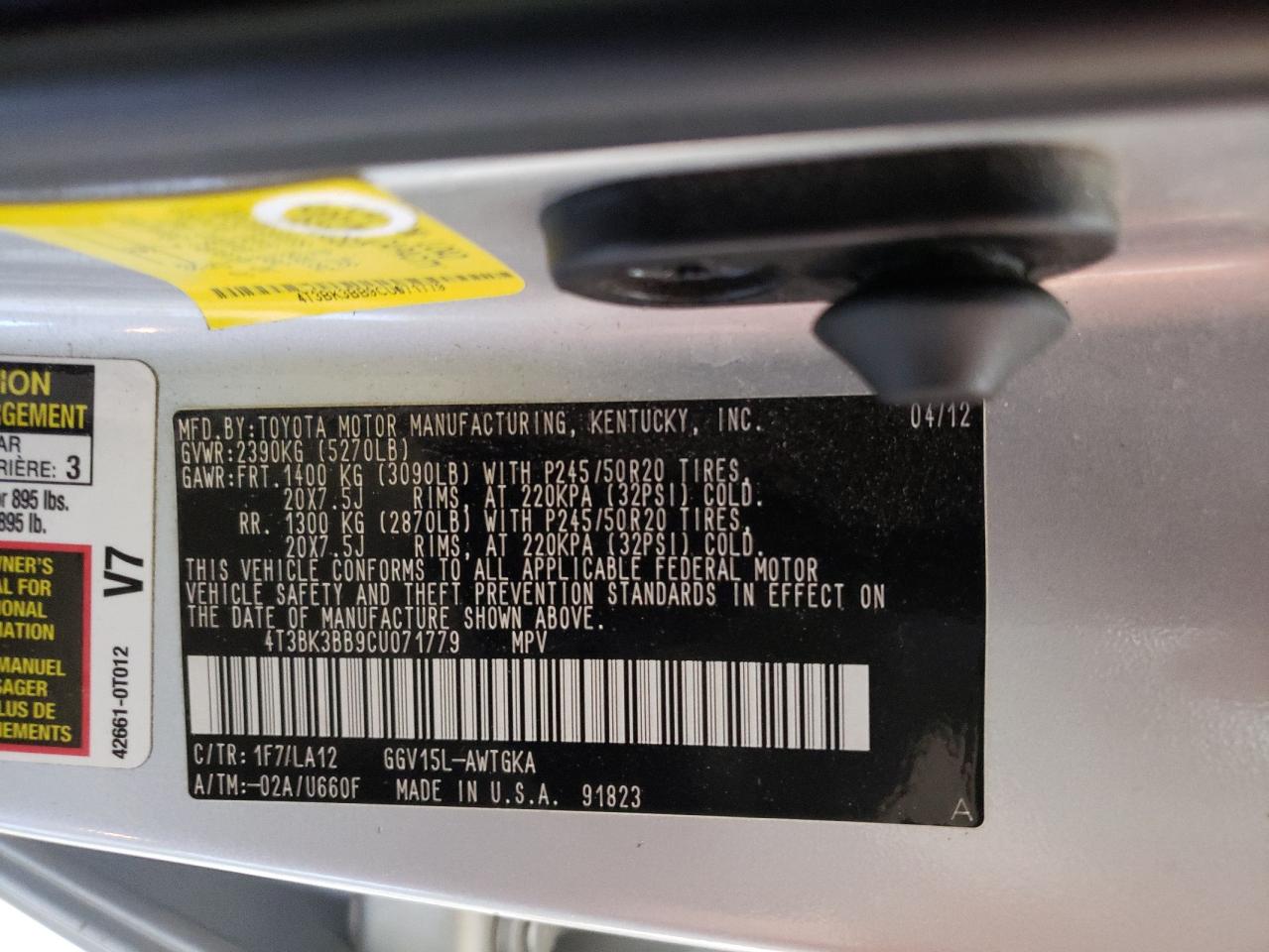 2012 Toyota Venza Le VIN: 4T3BK3BB9CU071779 Lot: 56660914