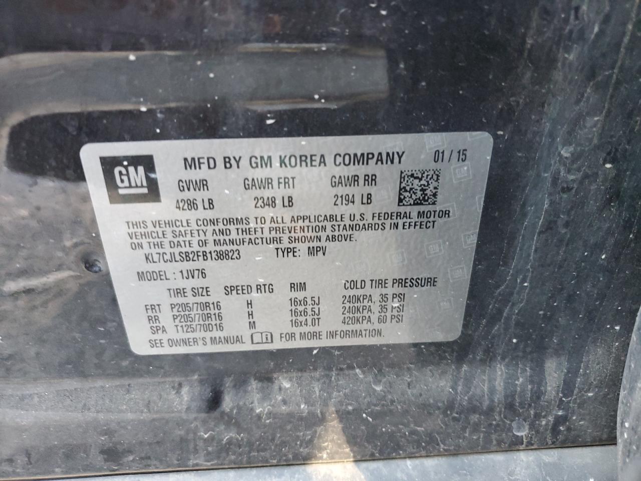 2015 Chevrolet Trax 1Lt VIN: KL7CJLSB2FB138823 Lot: 56315824