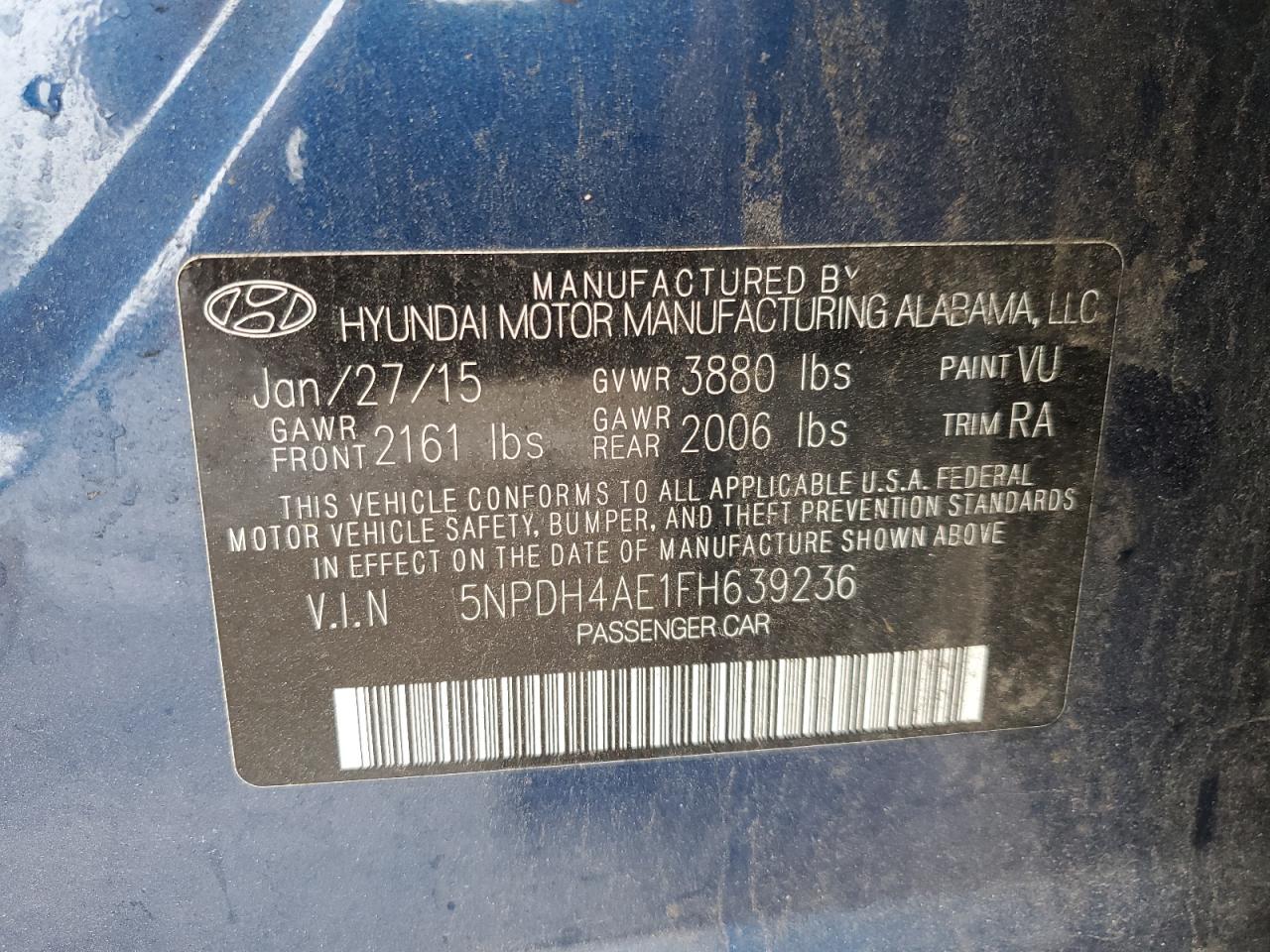 2015 Hyundai Elantra Se VIN: 5NPDH4AE1FH639236 Lot: 53576414