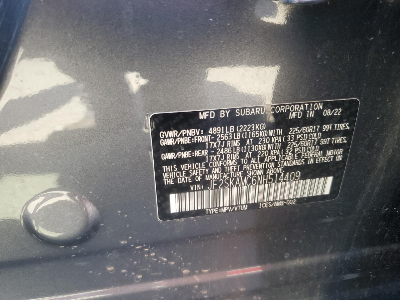 2022 Subaru Forester Wilderness VIN: JF2SKAMC6NH514409 Lot: 54537454