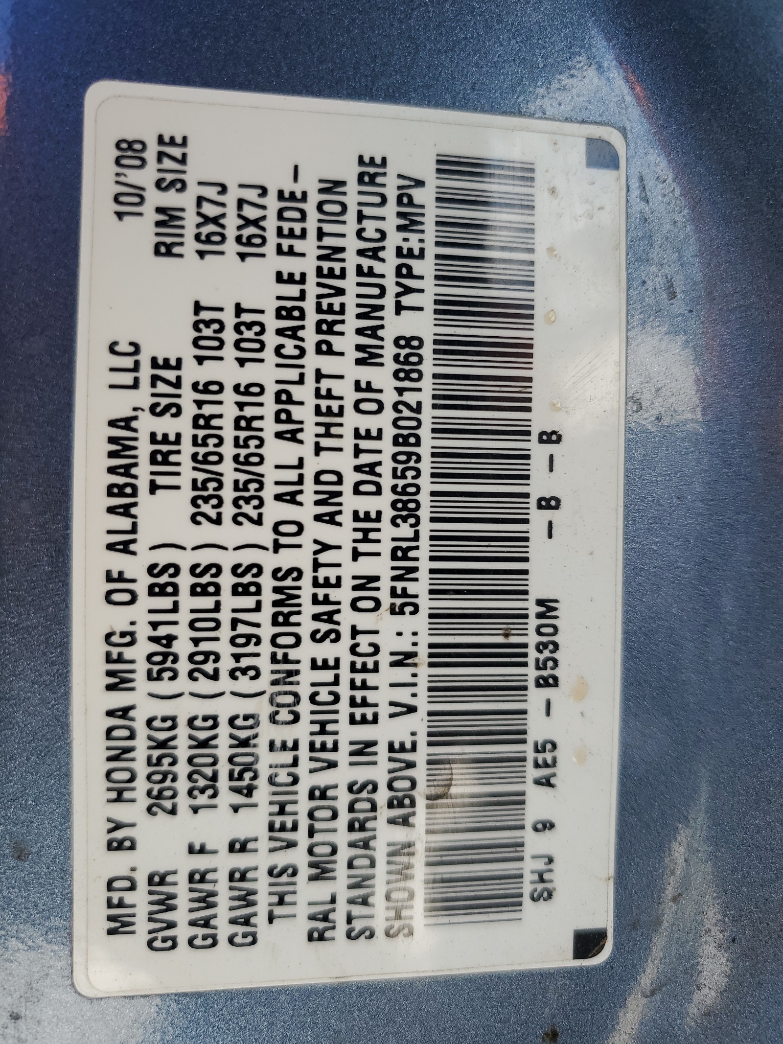 5FNRL38659B021868 2009 Honda Odyssey Exl