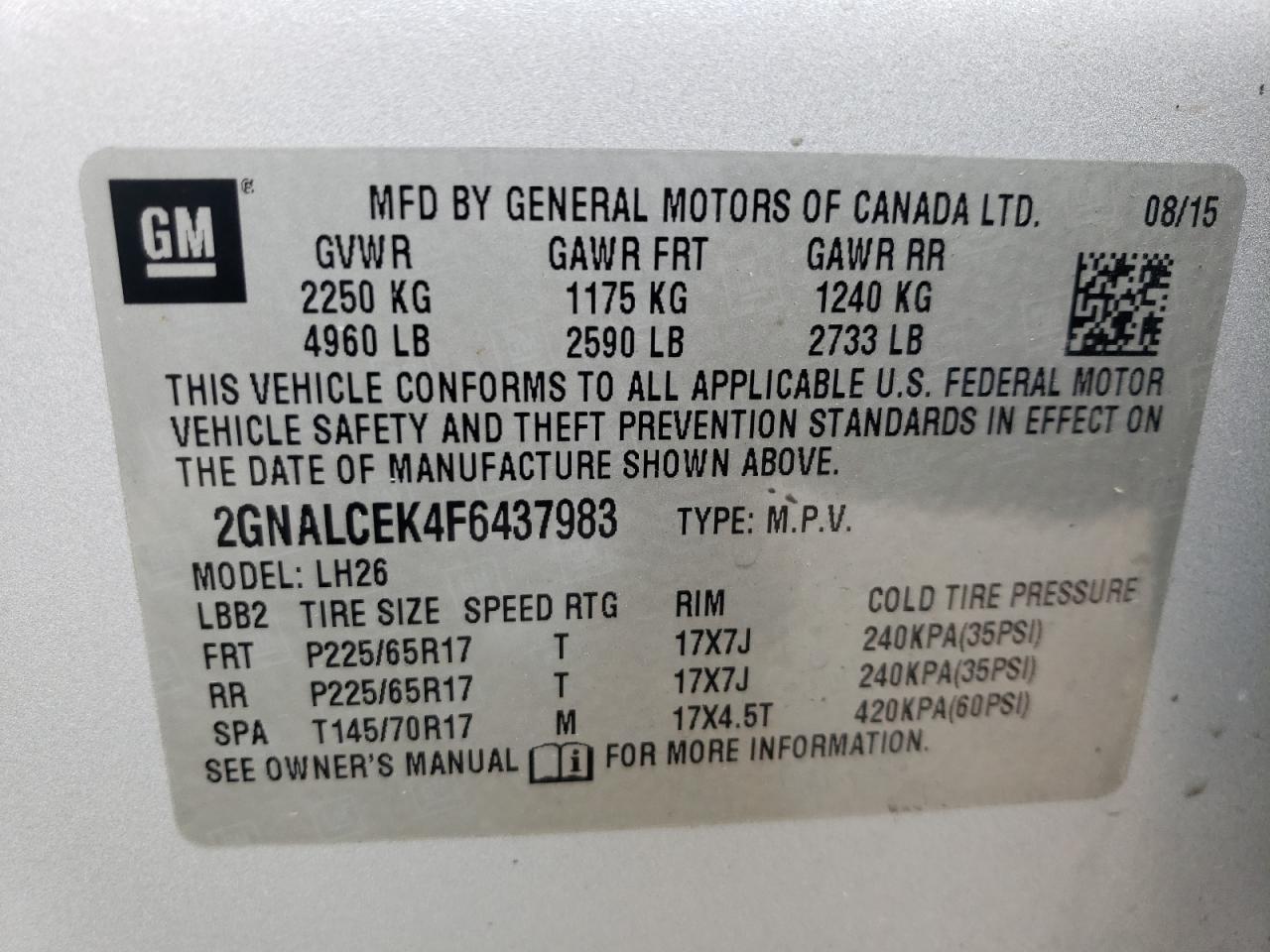 2GNALCEK4F6437983 2015 Chevrolet Equinox Lt