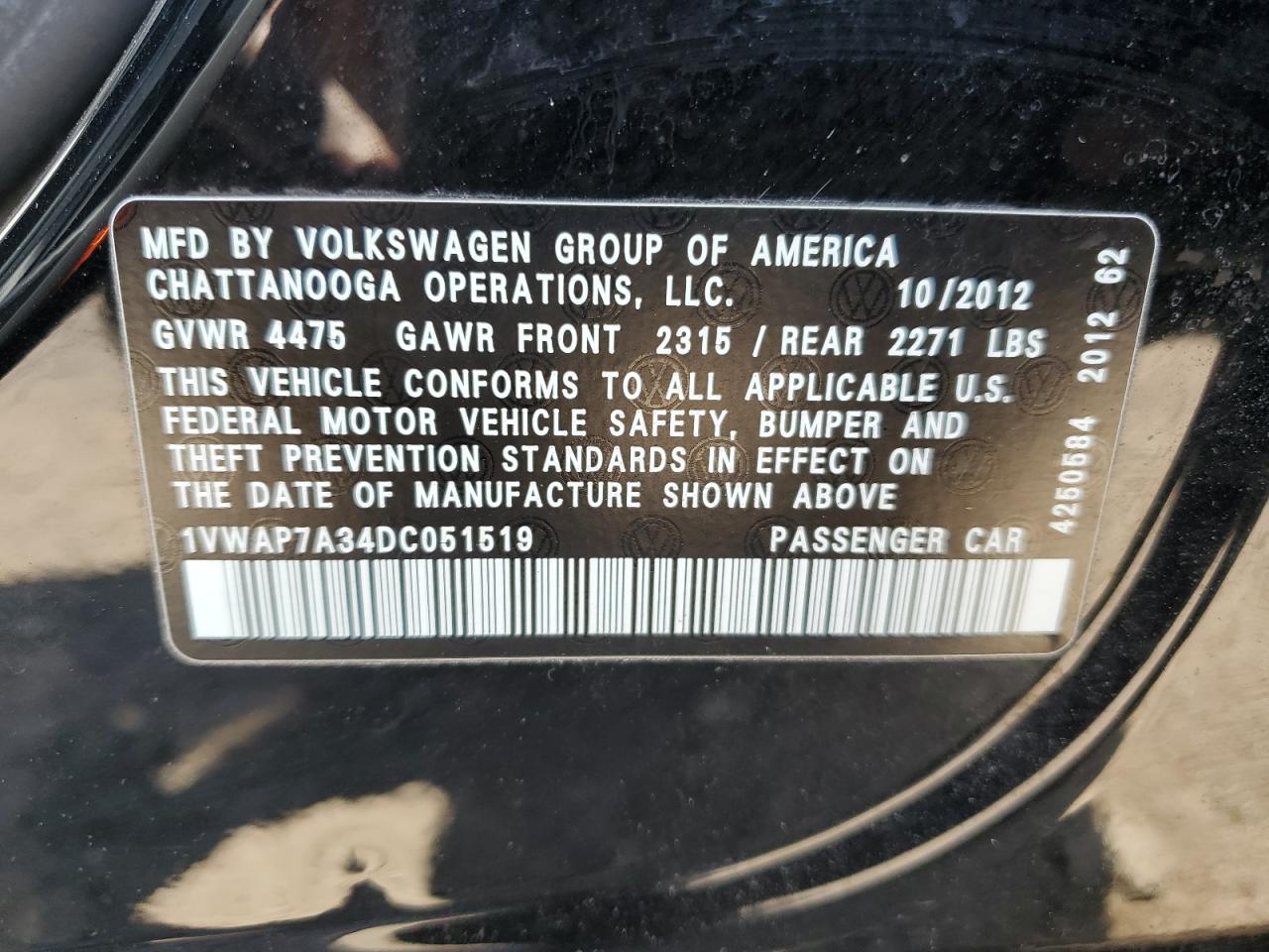 2013 Volkswagen Passat S VIN: 1VWAP7A34DC051519 Lot: 56720224