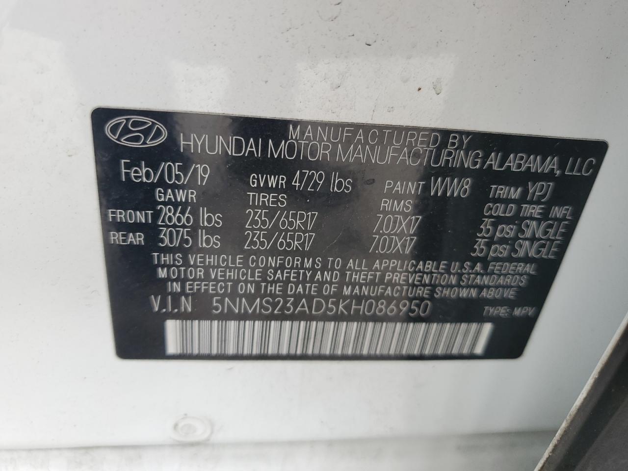 5NMS23AD5KH086950 2019 Hyundai Santa Fe Se