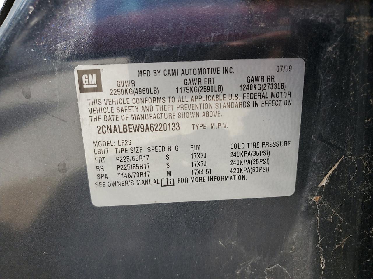 2CNALBEW9A6220133 2010 Chevrolet Equinox Ls