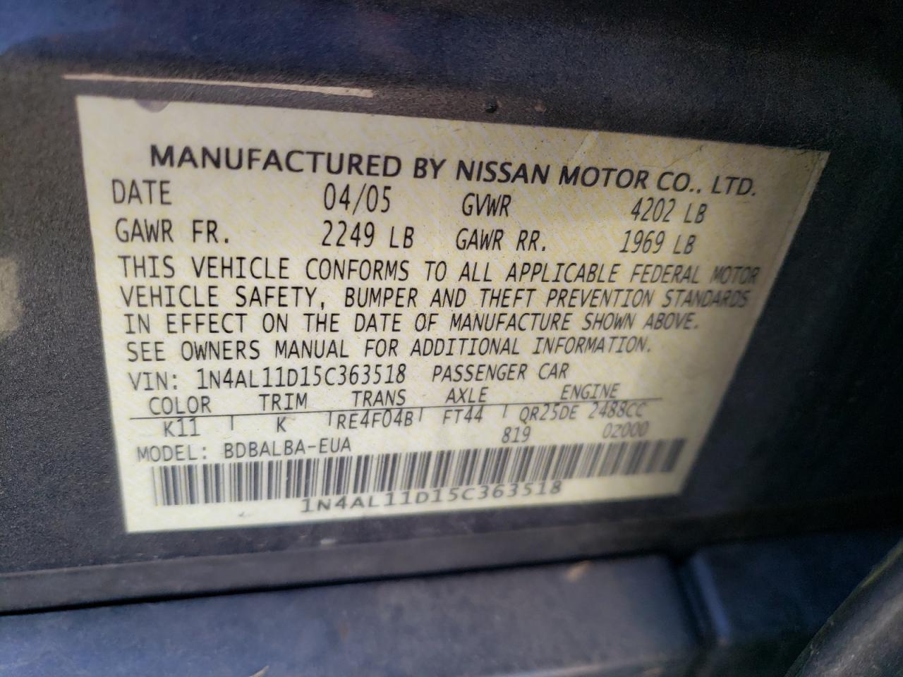 2005 Nissan Altima S VIN: 1N4AL11D15C363518 Lot: 51494365