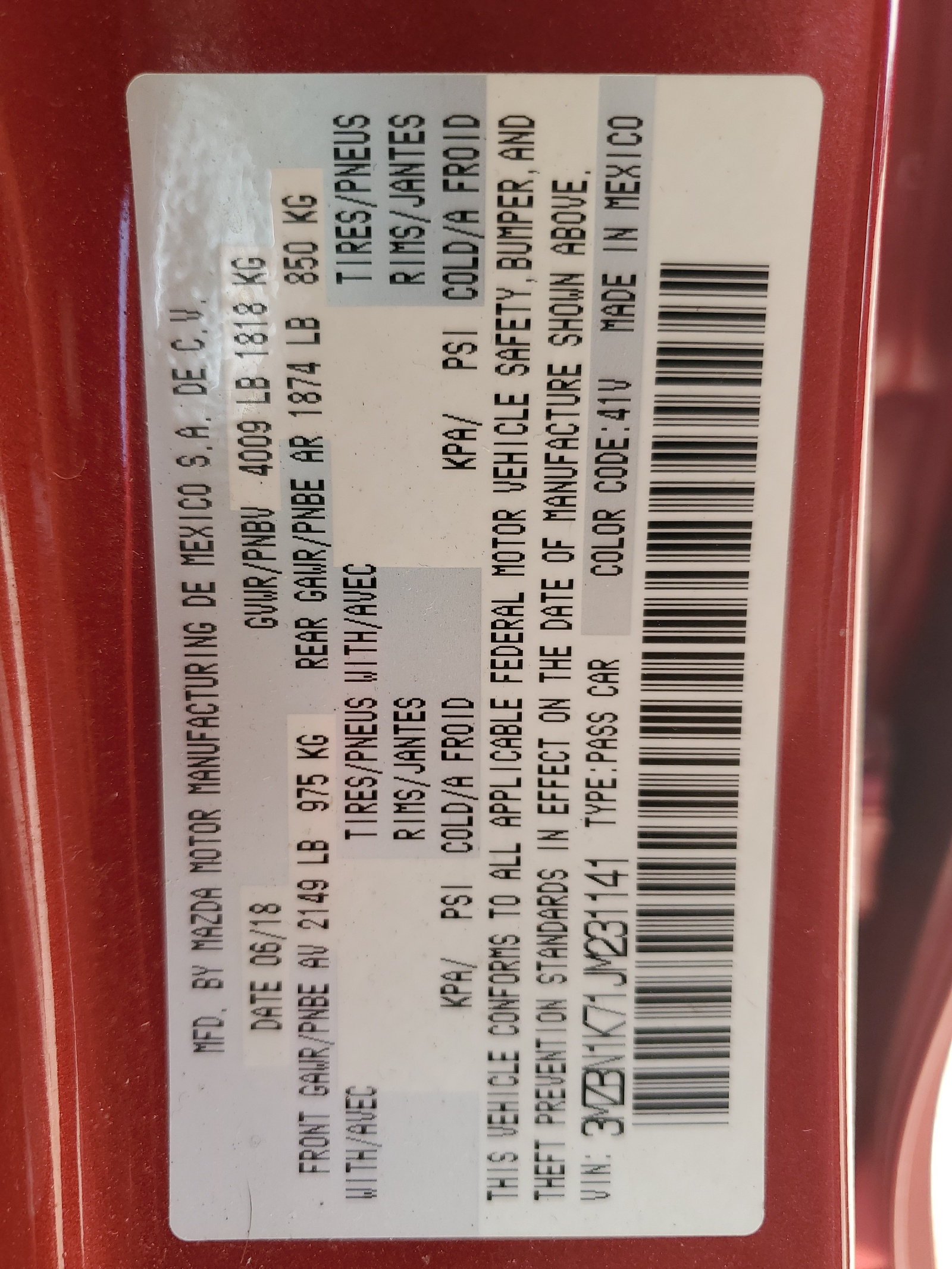 3MZBN1K71JM231141 2018 Mazda 3 Sport