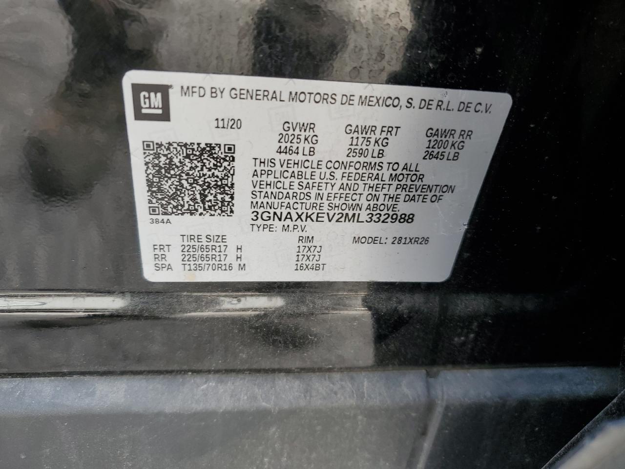 2021 Chevrolet Equinox Lt VIN: 3GNAXKEV2ML332988 Lot: 57138524