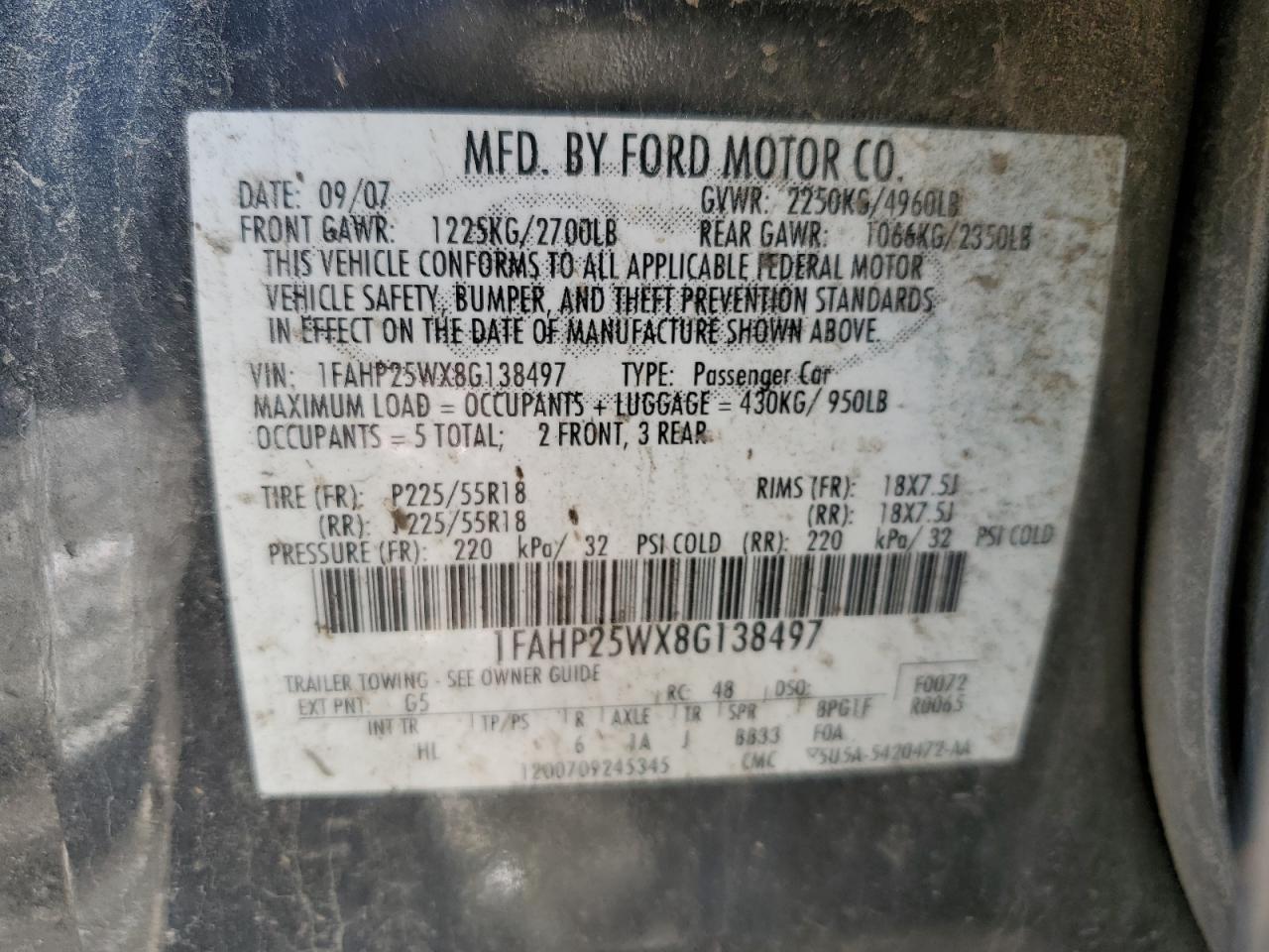 2008 Ford Taurus Limited VIN: 1FAHP25WX8G138497 Lot: 54863564