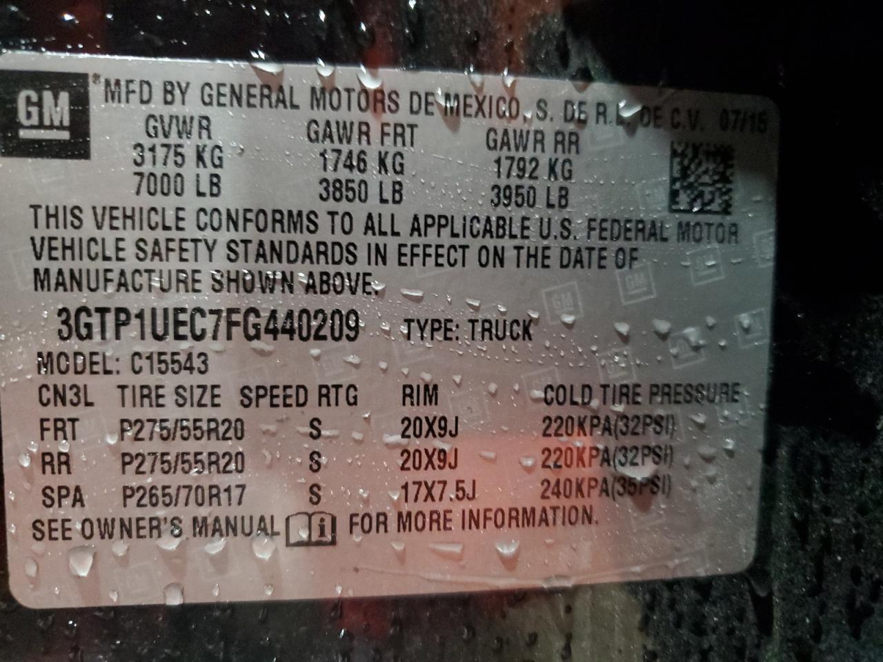 2015 GMC Sierra C1500 Sle VIN: 3GTP1UEC7FG440209 Lot: 57163384