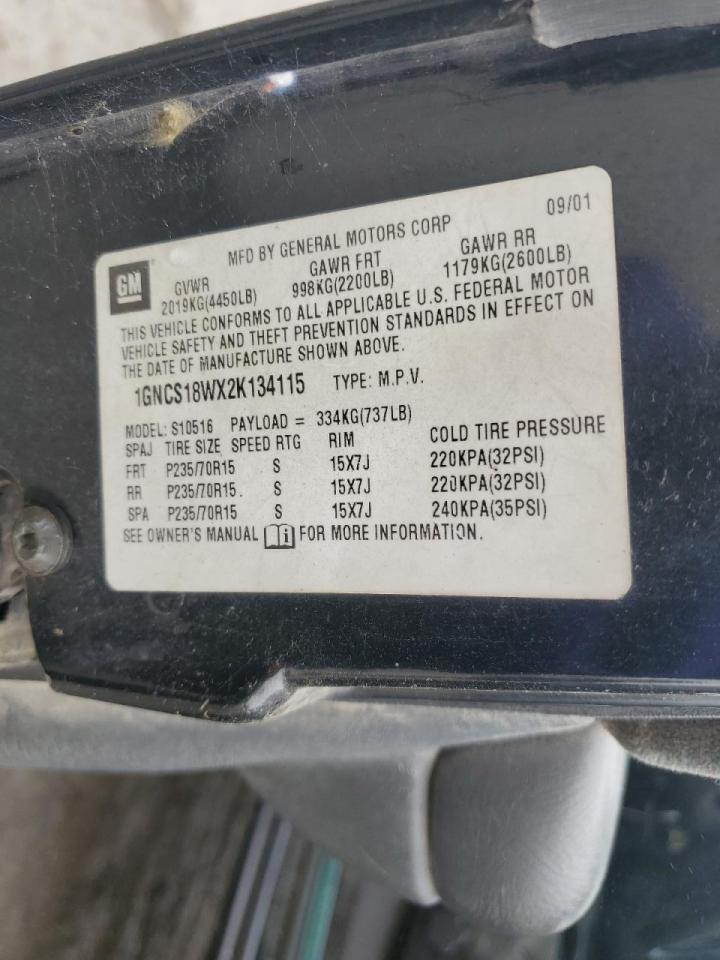 2002 Chevrolet Blazer VIN: 1GNCS18WX2K134115 Lot: 70031785