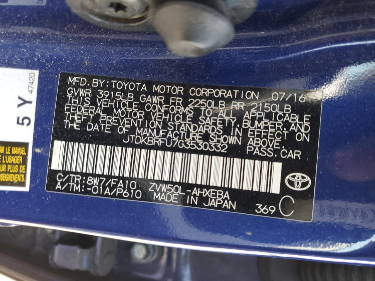 2016 Toyota Prius VIN: JTDKBRFU7G3530332 Lot: 53271574