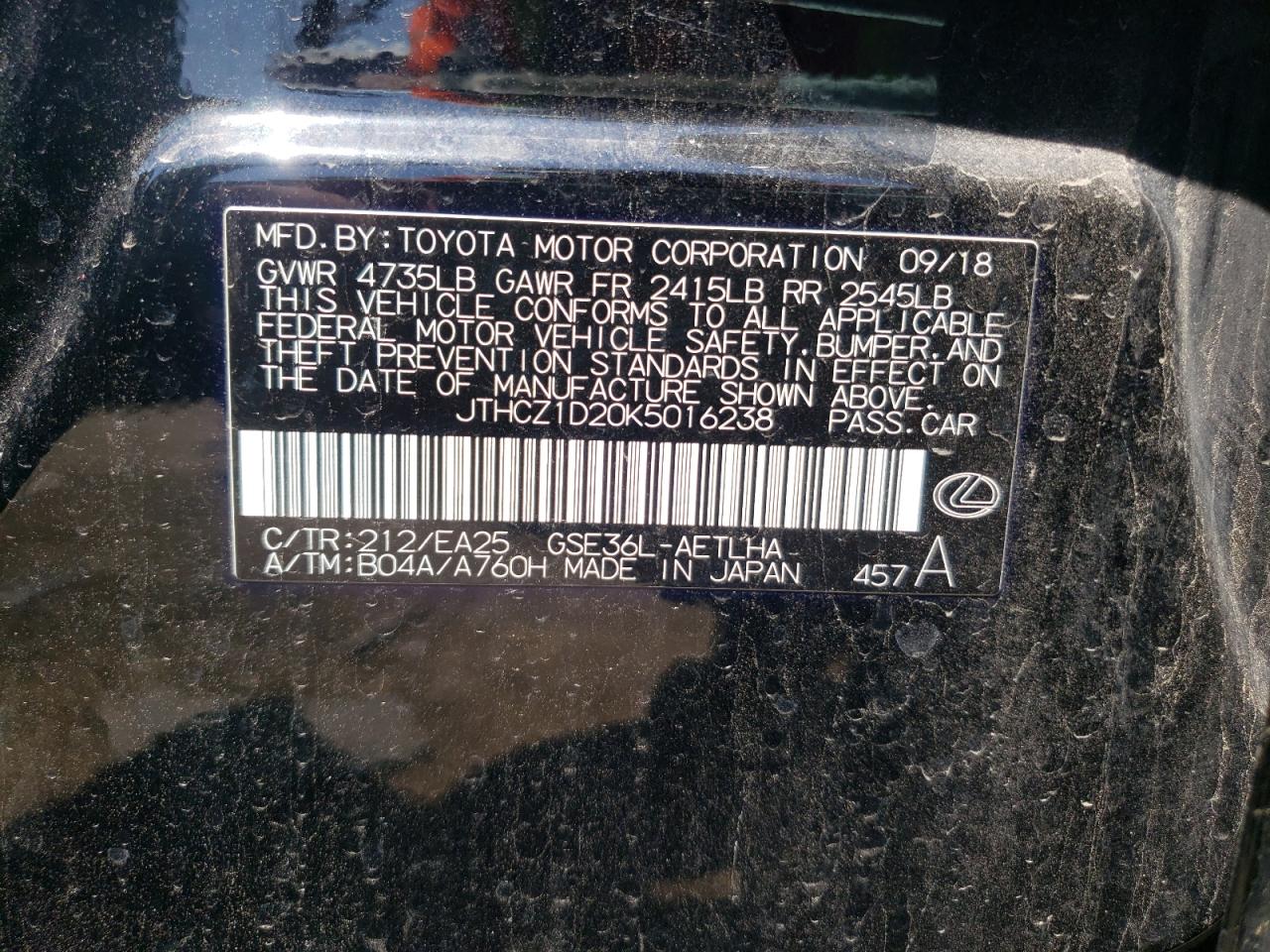 2019 Lexus Is 350 VIN: JTHCZ1D20K5016238 Lot: 54315224