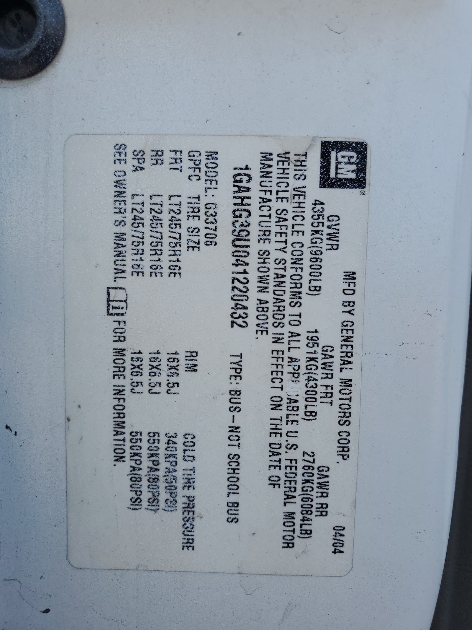 1GAHG39U041220432 2004 Chevrolet Express G3500