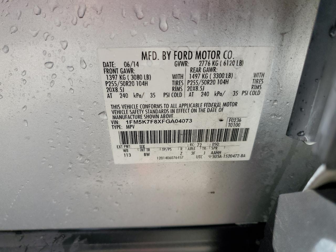 2015 Ford Explorer Limited VIN: 1FM5K7F8XFGA04073 Lot: 54959564