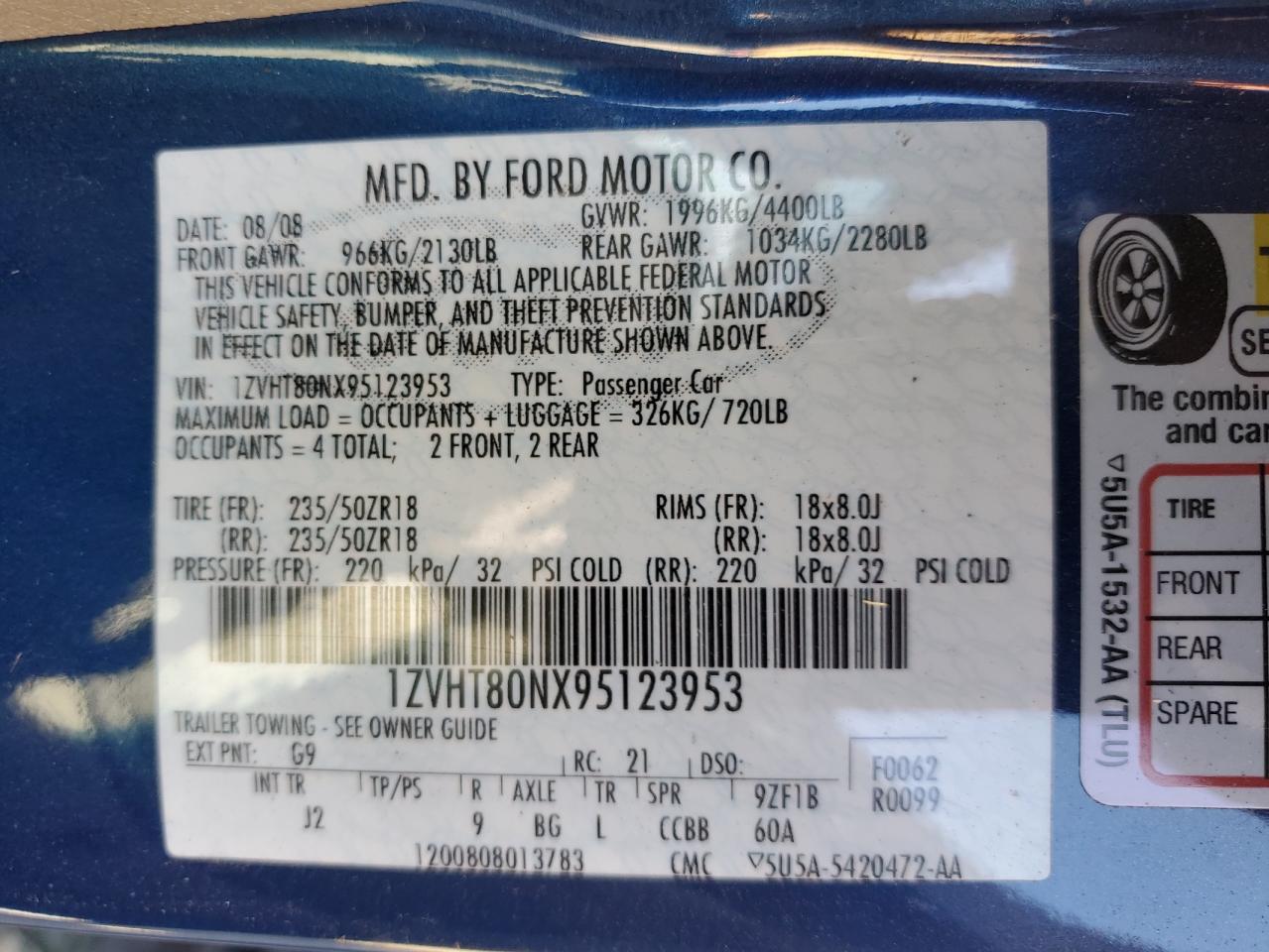 2009 Ford Mustang VIN: 1ZVHT80NX95123953 Lot: 56860804