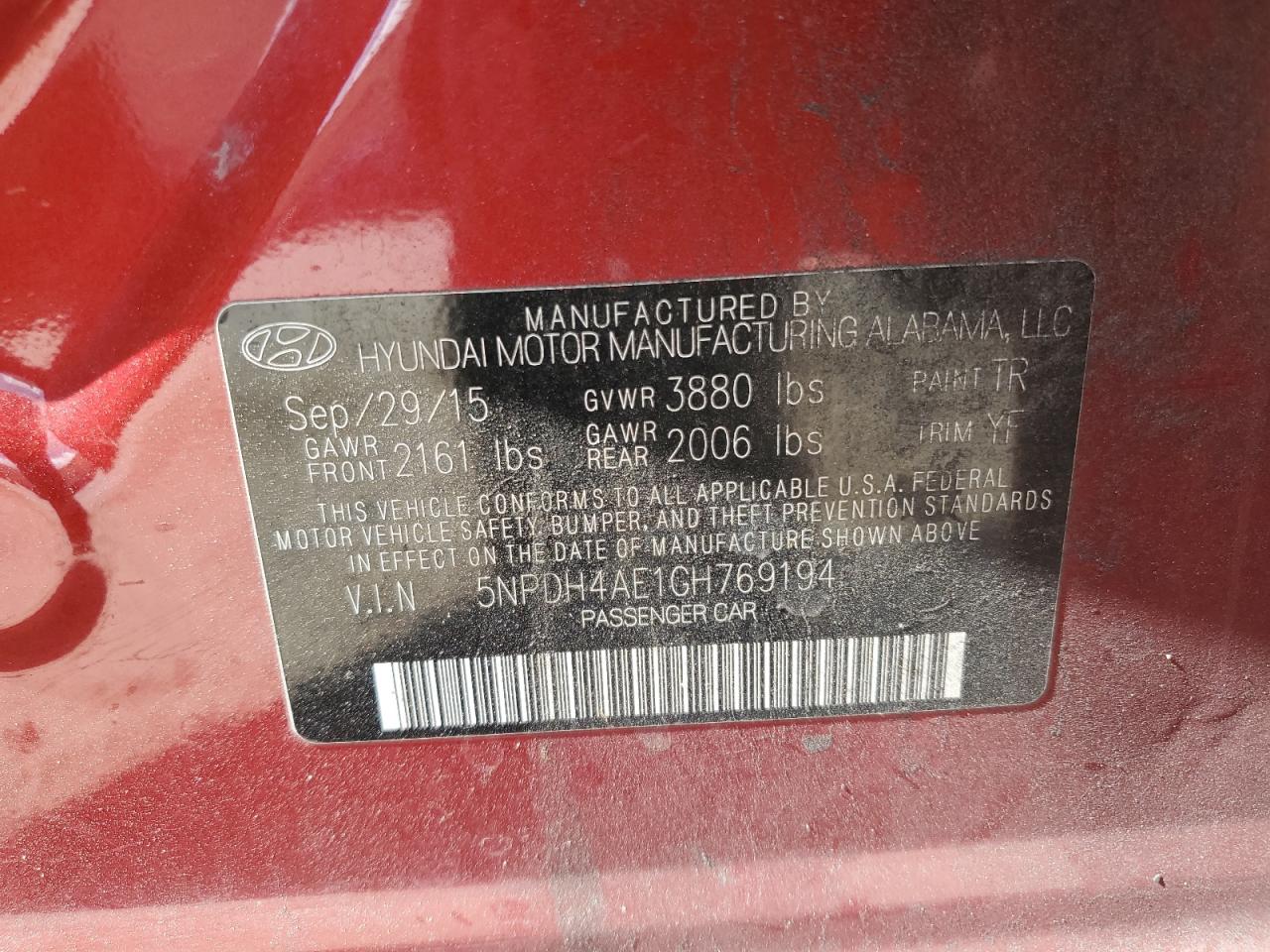 2016 Hyundai Elantra Se VIN: 5NPDH4AE1GH769194 Lot: 53833034