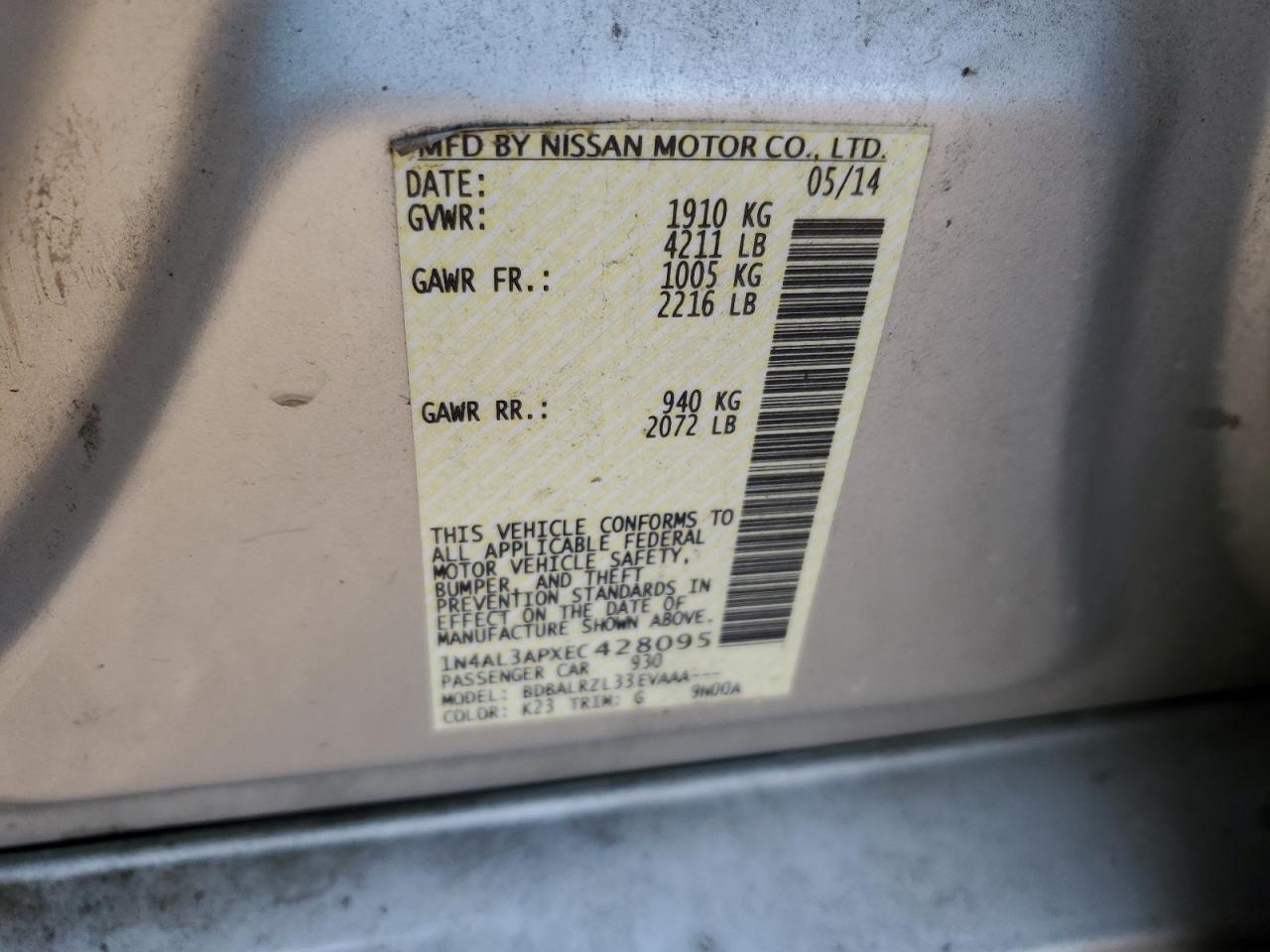 2014 Nissan Altima 2.5 VIN: 1N4AL3APXEC428095 Lot: 55357844