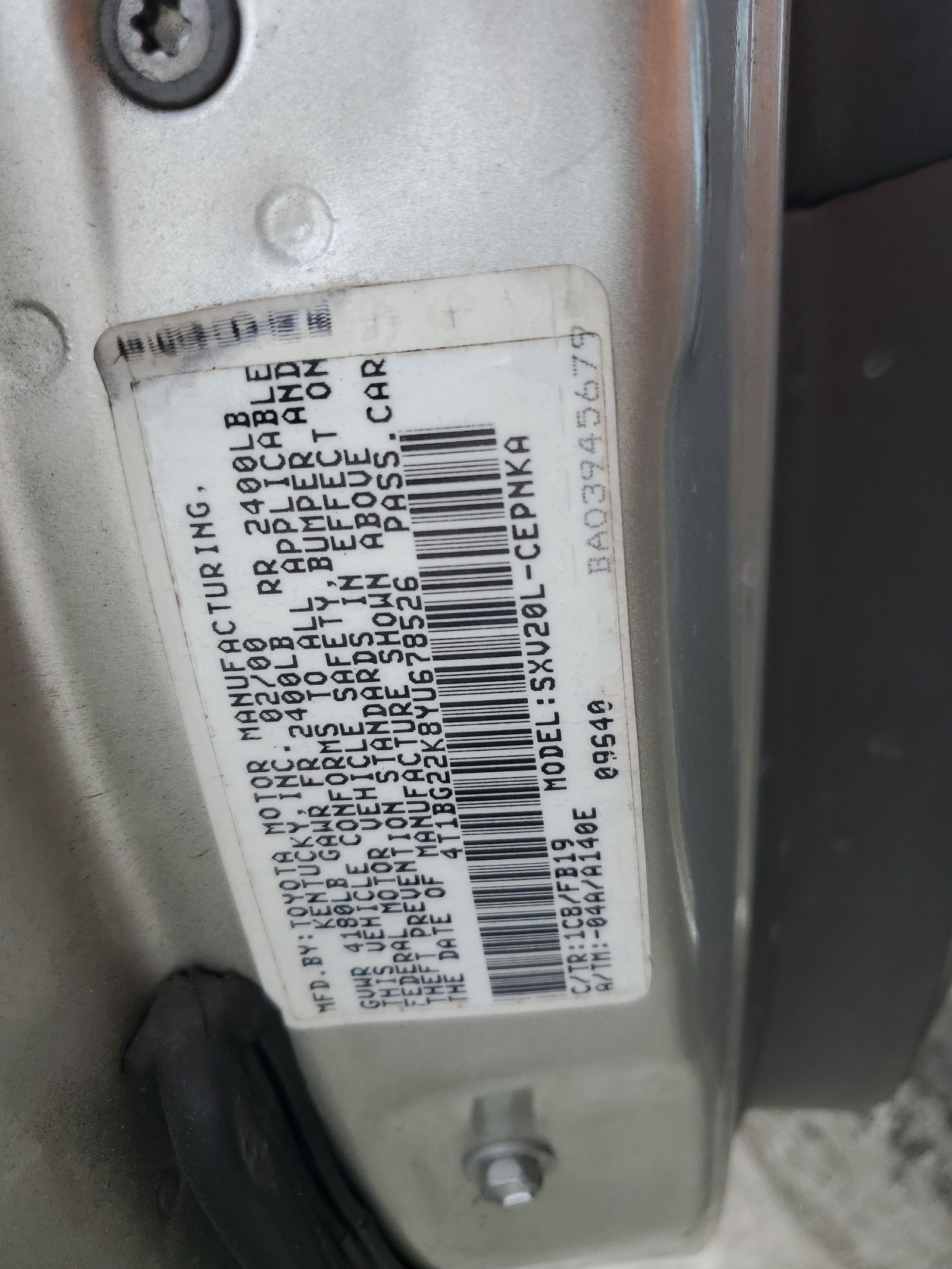 4T1BG22K8YU678526 2000 Toyota Camry Ce