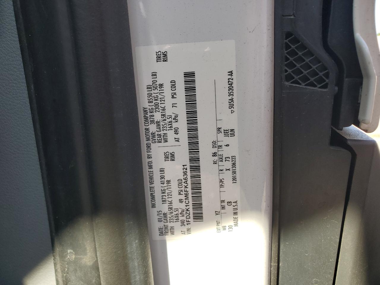 2015 Ford Transit T-150 VIN: 1FDZK1CM6FKA63621 Lot: 56832474