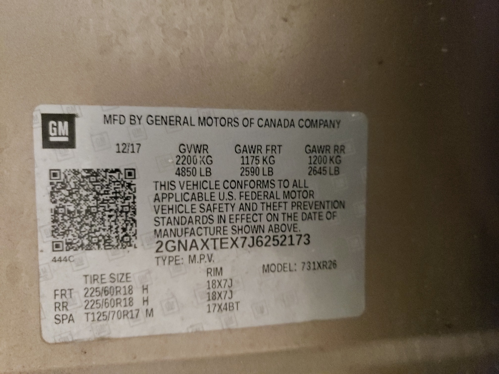 2GNAXTEX7J6252173 2018 Chevrolet Equinox Lt