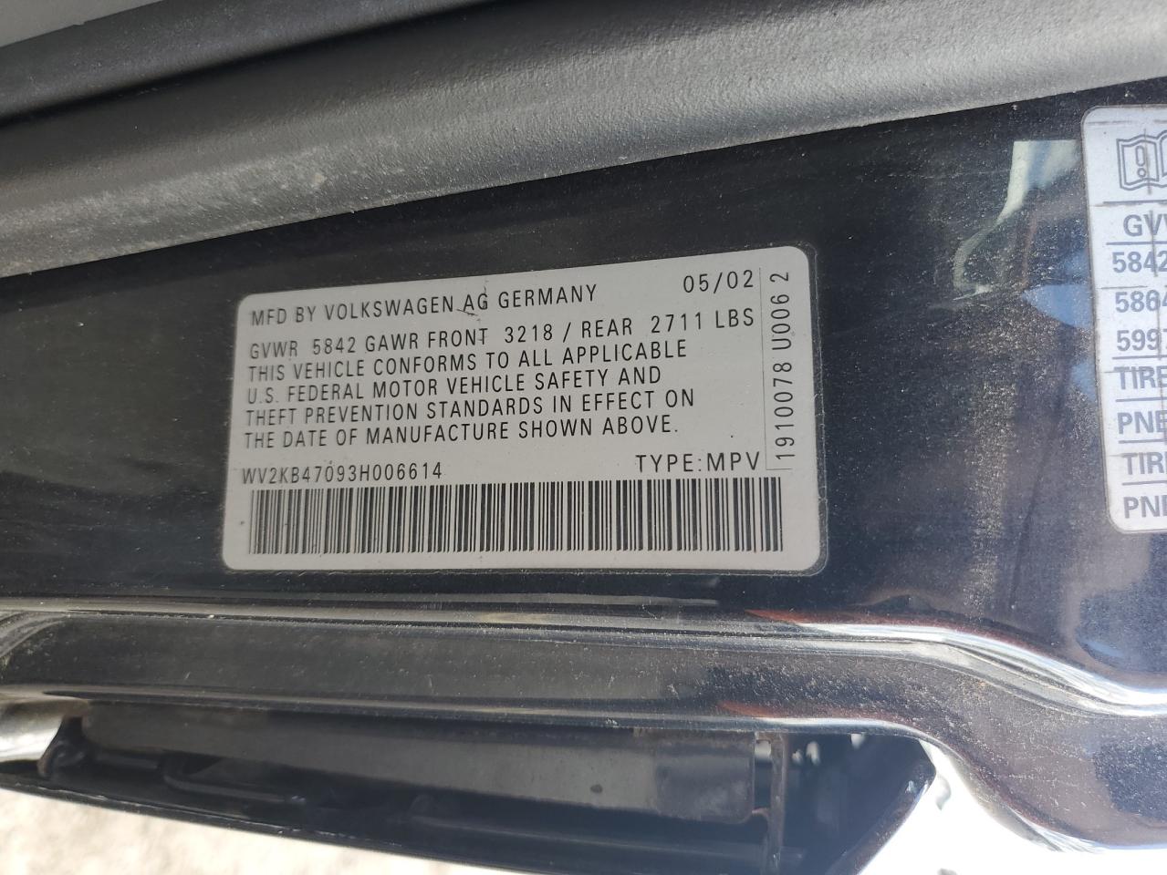 2003 Volkswagen Eurovan Gls VIN: WV2KB47093H006614 Lot: 56746444