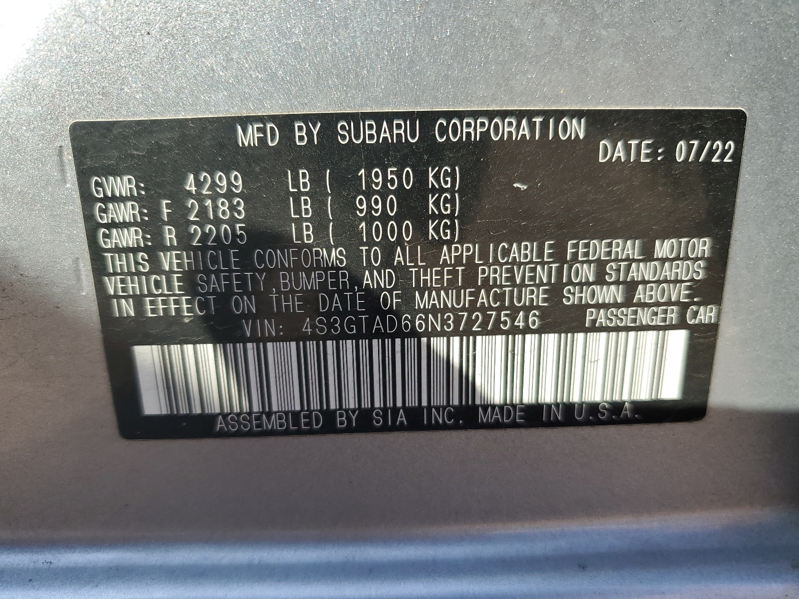 4S3GTAD66N3727546 2022 Subaru Impreza Premium