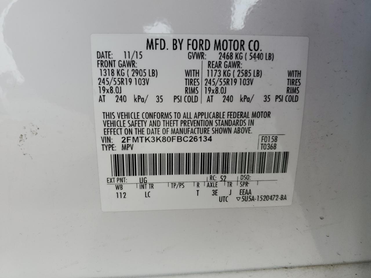 VIN 2FMTK3K80FBC26134 2015 FORD EDGE no.13