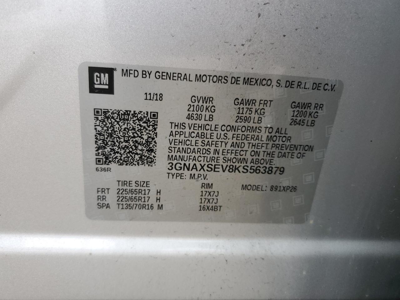 3GNAXSEV8KS563879 2019 Chevrolet Equinox Ls