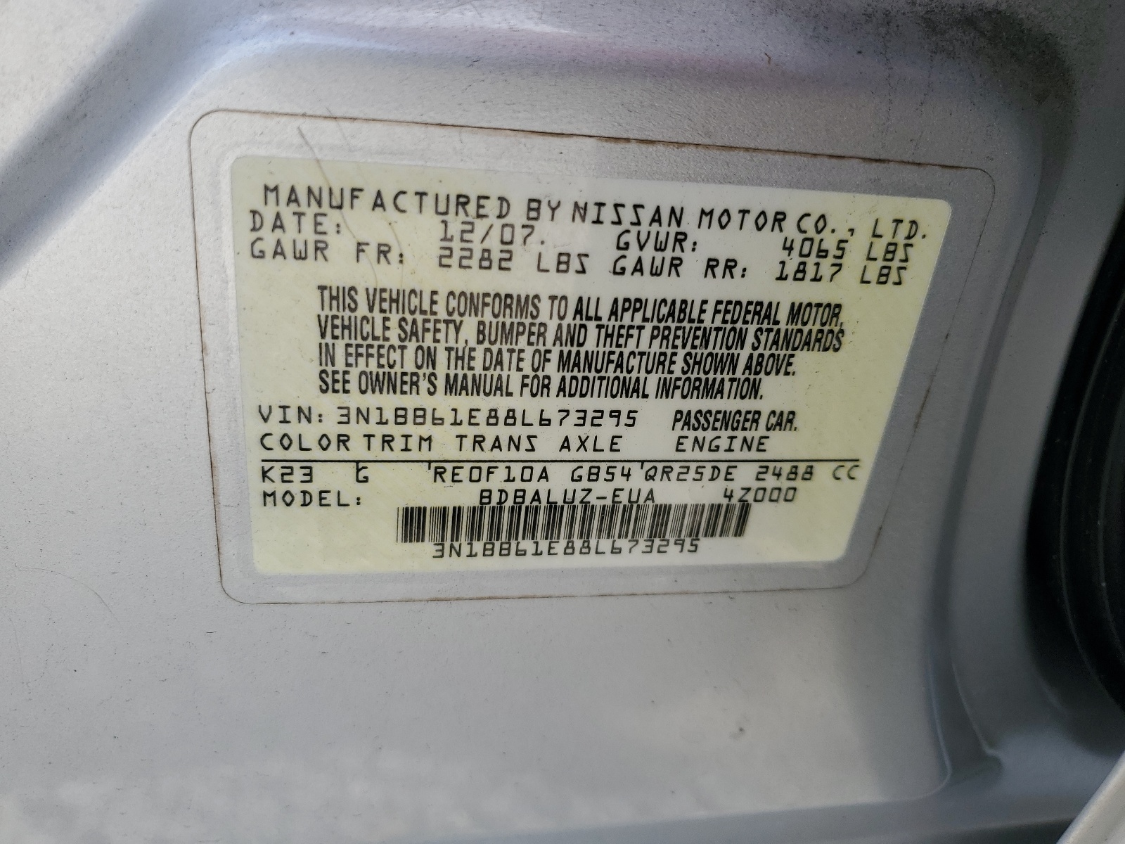 3N1BB61E88L673295 2008 Nissan Sentra Se-R