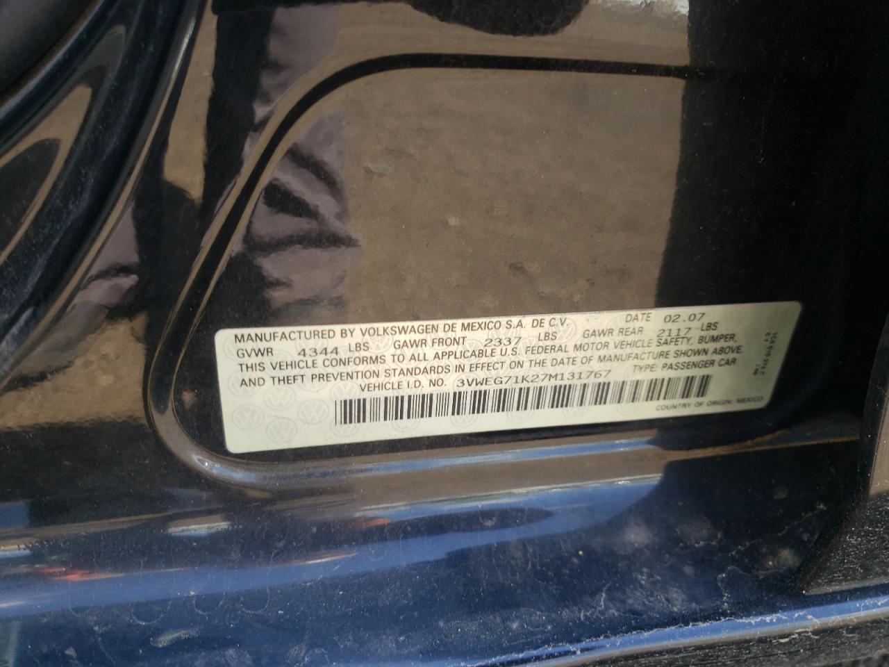 2007 Volkswagen Jetta Wolfsburg VIN: 3VWEG71K27M131767 Lot: 53820974