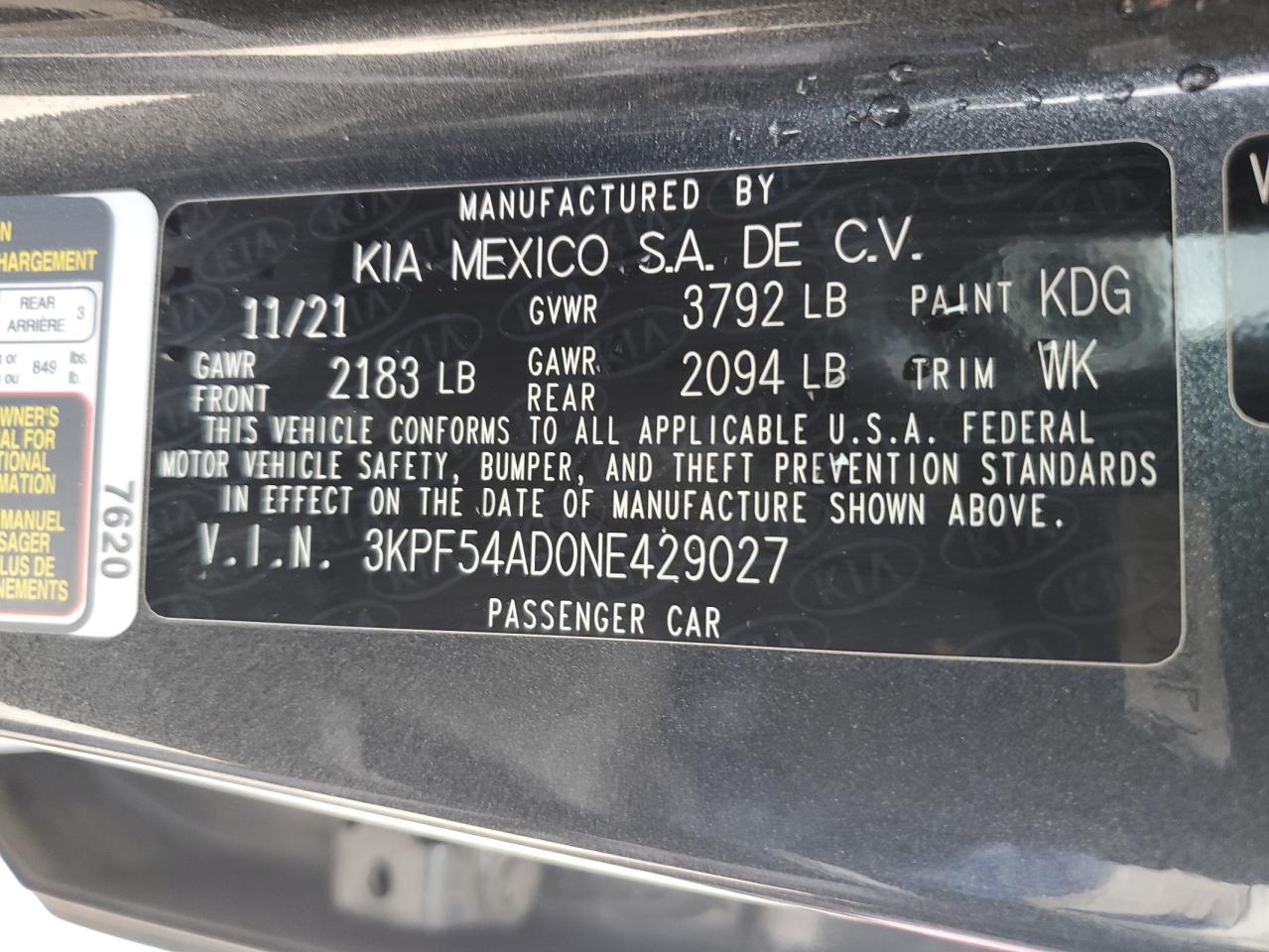 2022 Kia Forte Gt Line VIN: 3KPF54AD0NE429027 Lot: 57109264