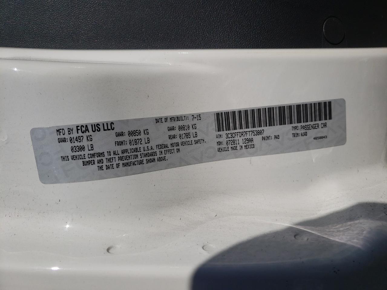 2015 Fiat 500 Pop VIN: 3C3CFFDR7FT753807 Lot: 57006224