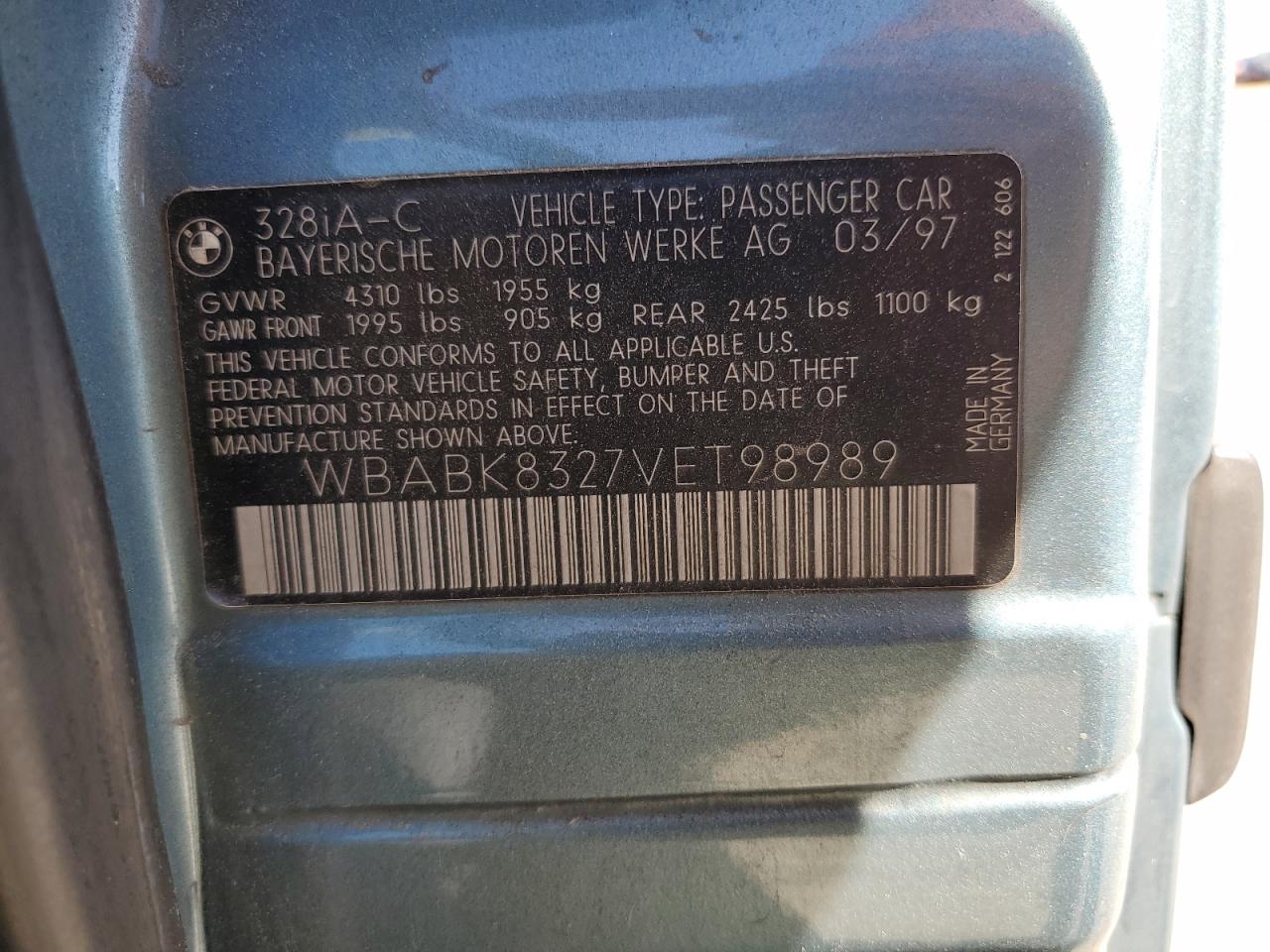 1997 BMW 328 Ic Automatic VIN: WBABK8327VET98989 Lot: 55178074