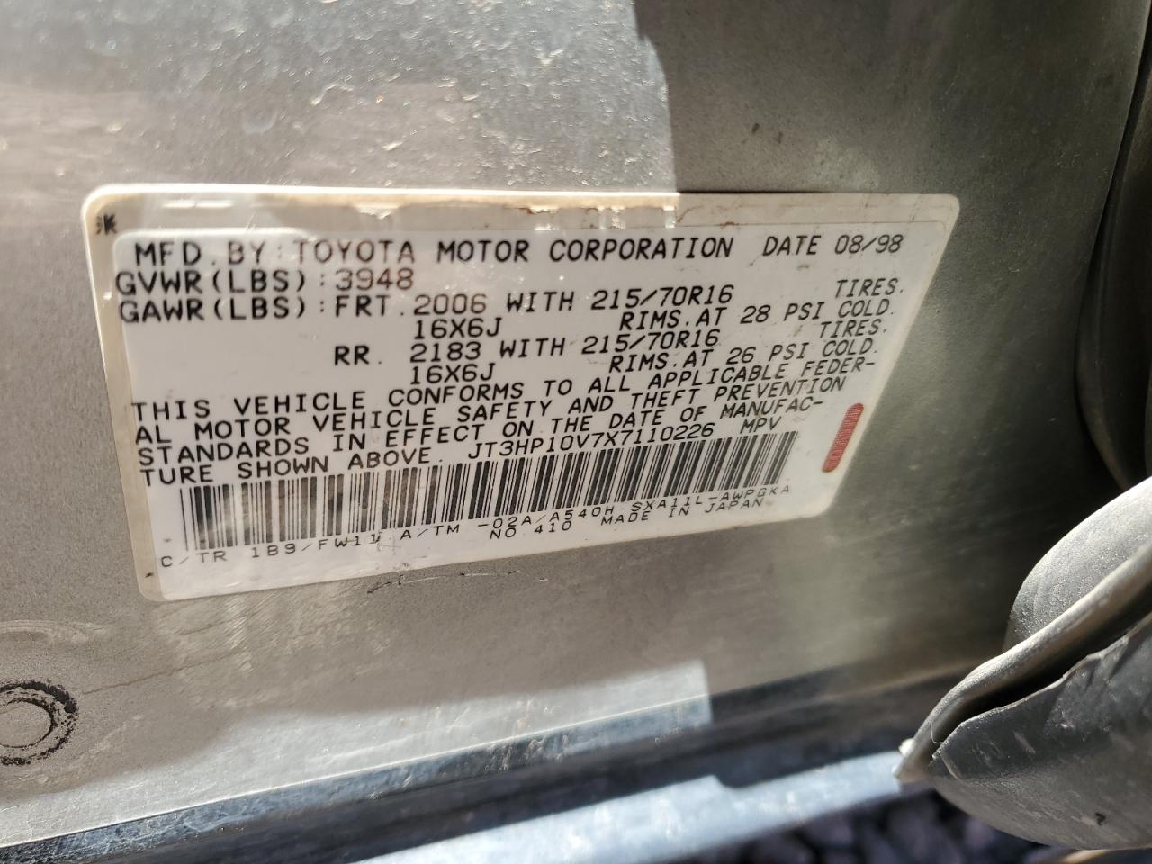 1999 Toyota Rav4 VIN: JT3HP10V7X7110226 Lot: 53218354