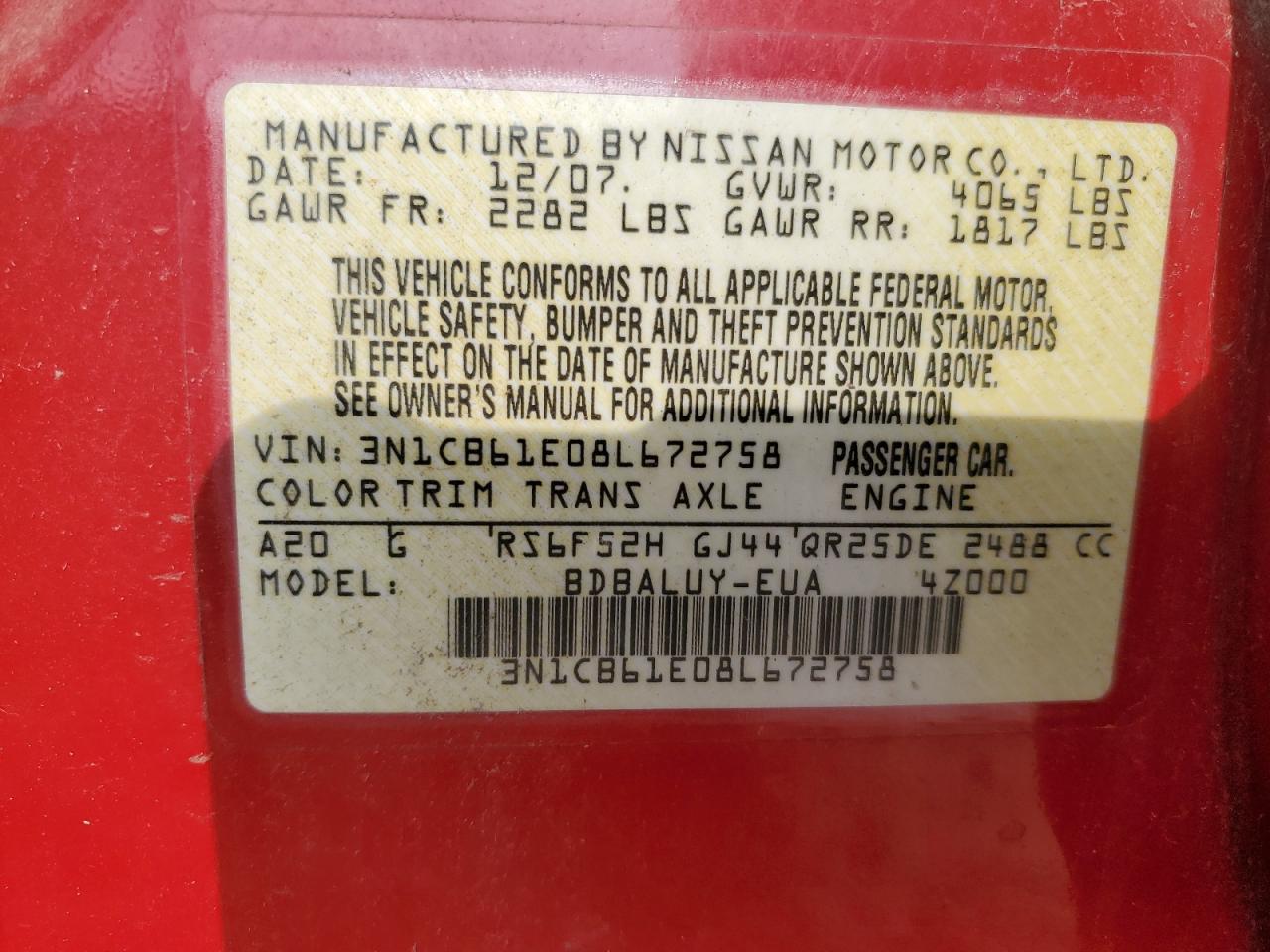 2008 Nissan Sentra Se-R Spec V VIN: 3N1CB61E08L672758 Lot: 85889644