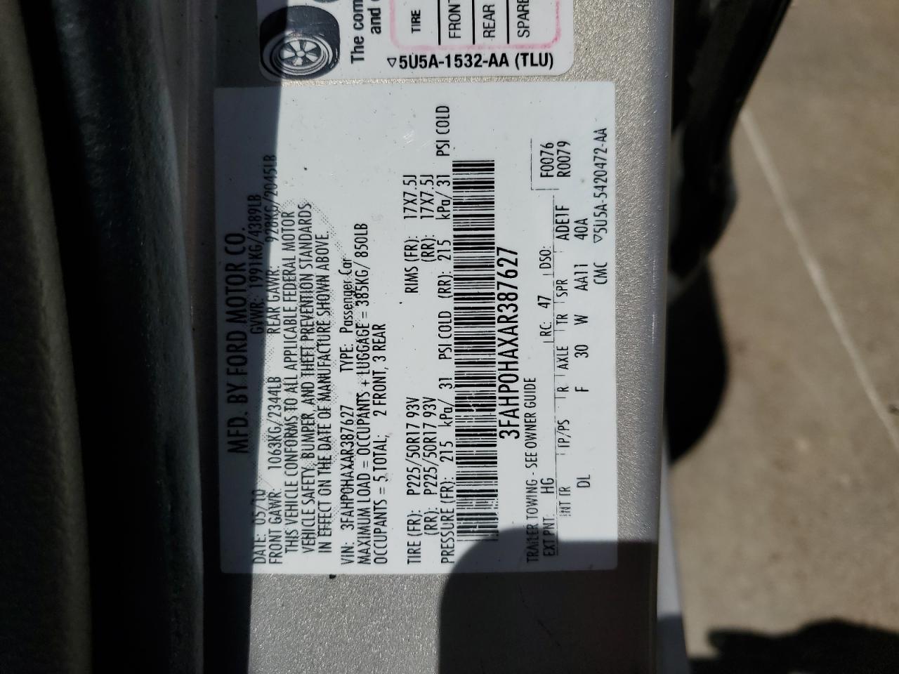 2010 Ford Fusion Se VIN: 3FAHP0HAXAR387627 Lot: 56940774