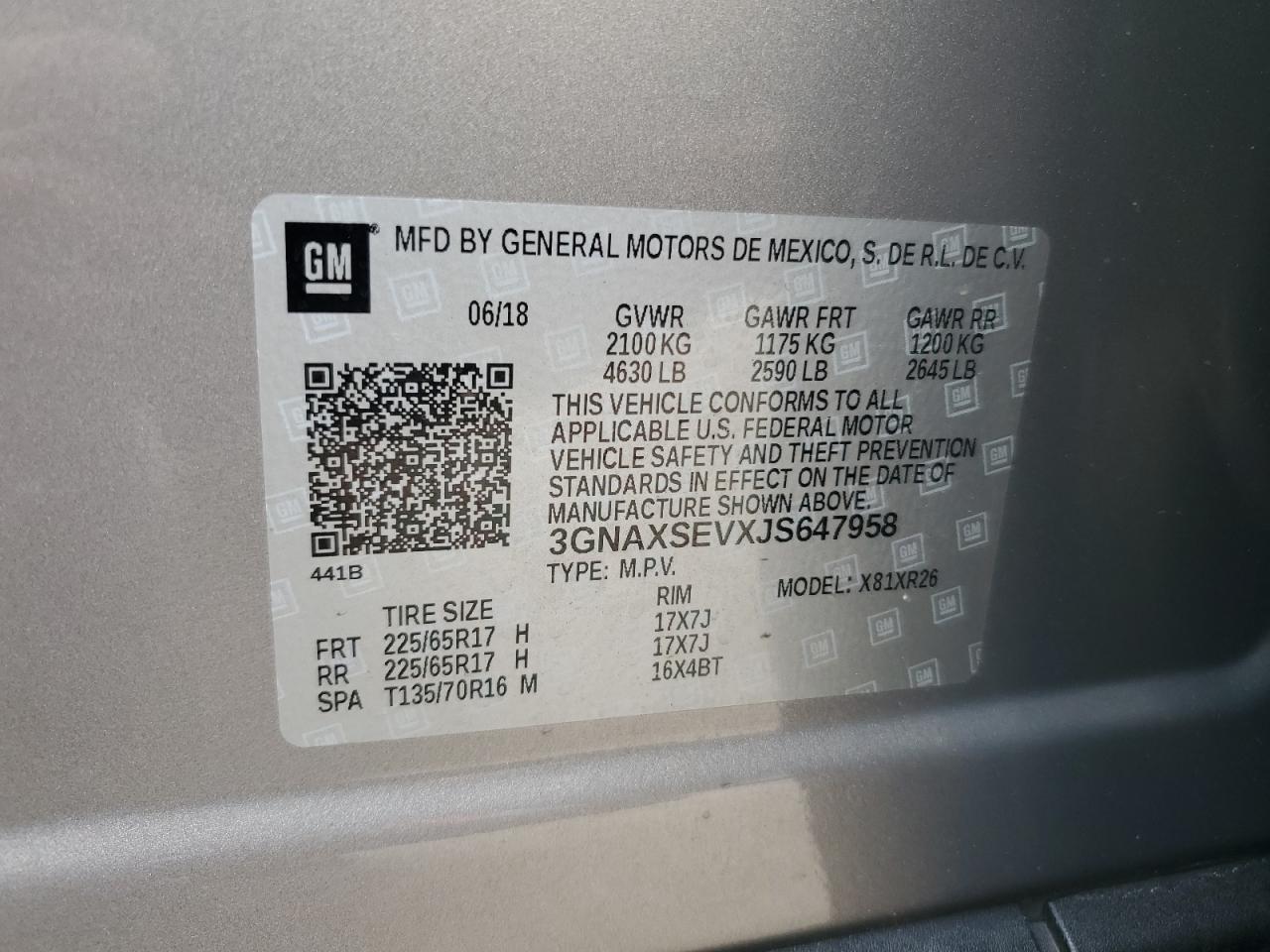 3GNAXSEVXJS647958 2018 Chevrolet Equinox Lt