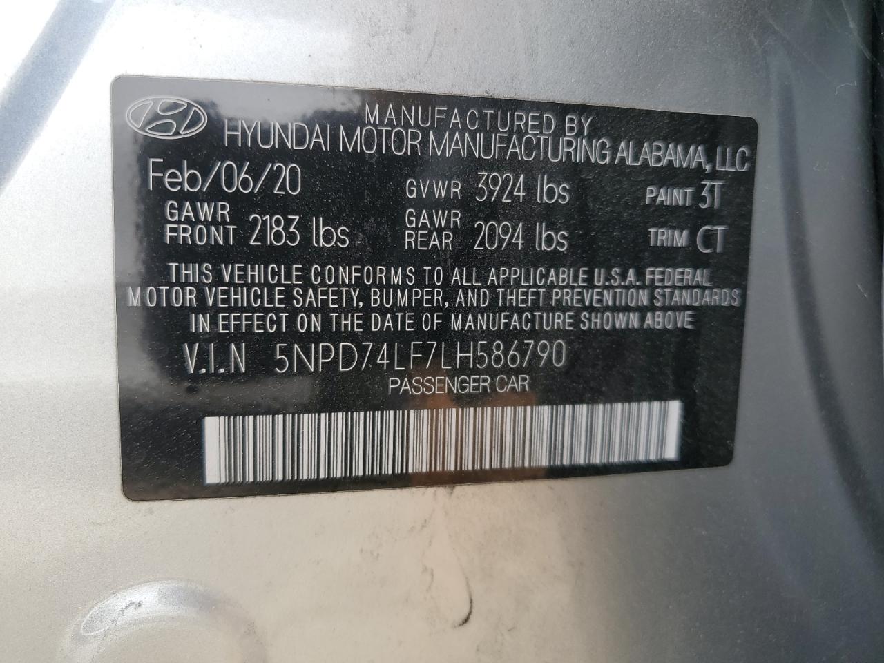 2020 Hyundai Elantra Se VIN: 5NPD74LF7LH586790 Lot: 55216234