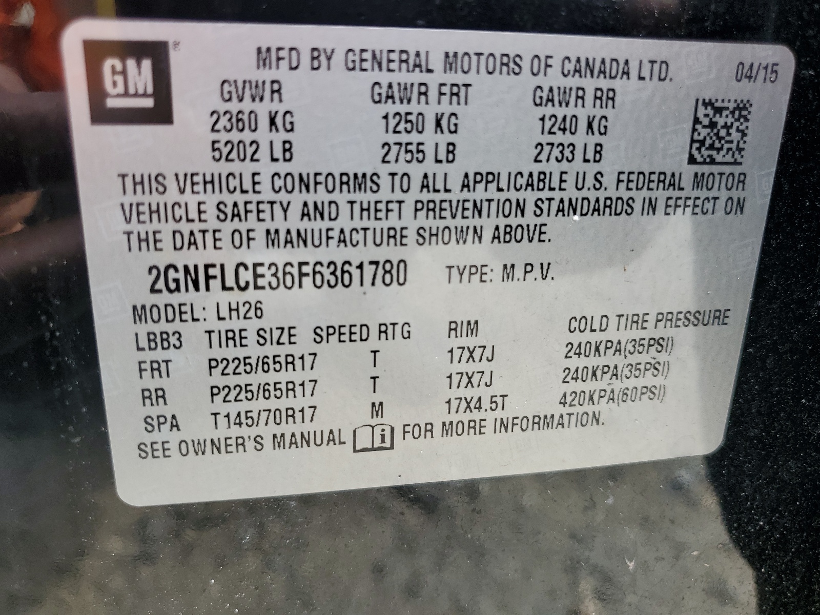 2015 Chevrolet Equinox Lt vin: 2GNFLCE36F6361780