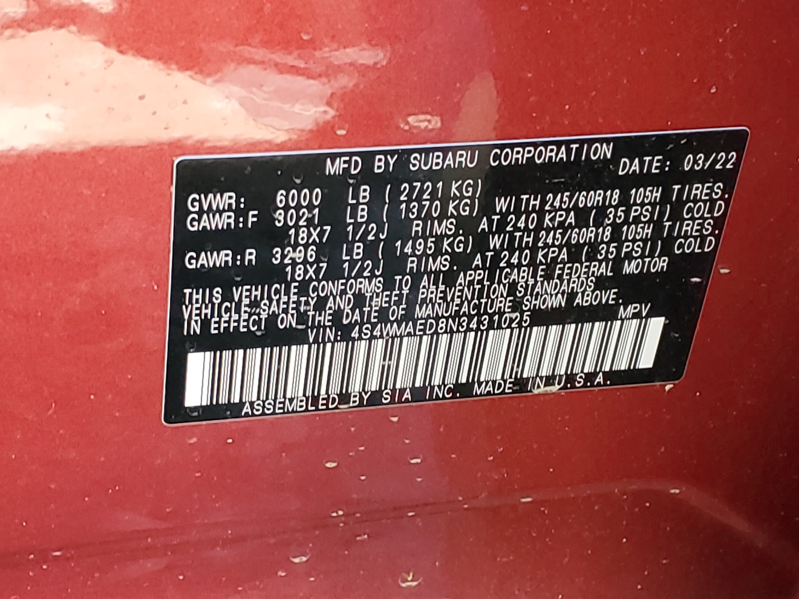 4S4WMAED8N3431025 2022 Subaru Ascent Premium