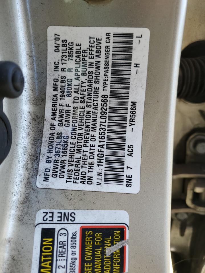 2007 Honda Civic Lx VIN: 1HGFA16537L092568 Lot: 56290864