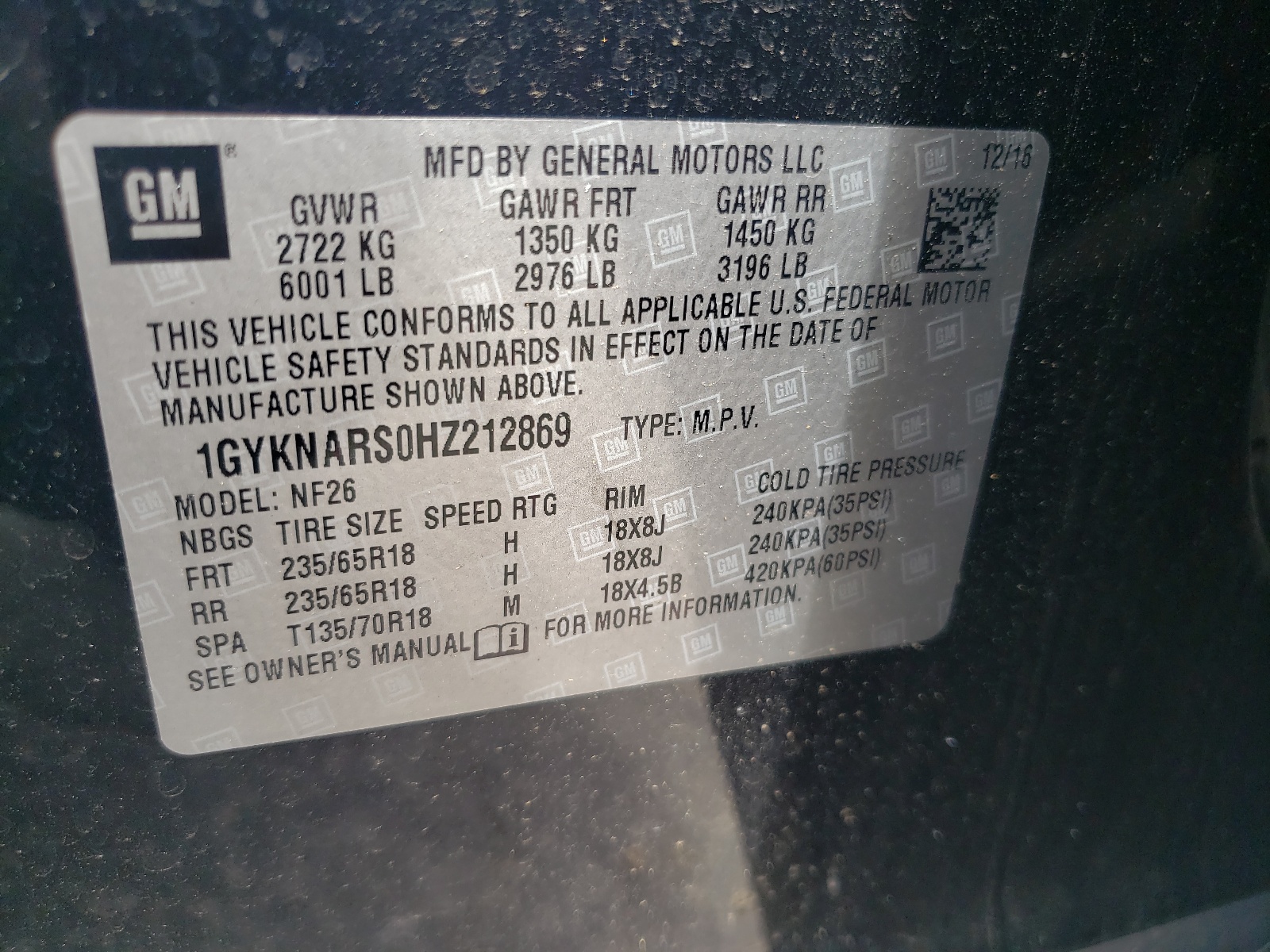 1GYKNARS0HZ212869 2017 Cadillac Xt5