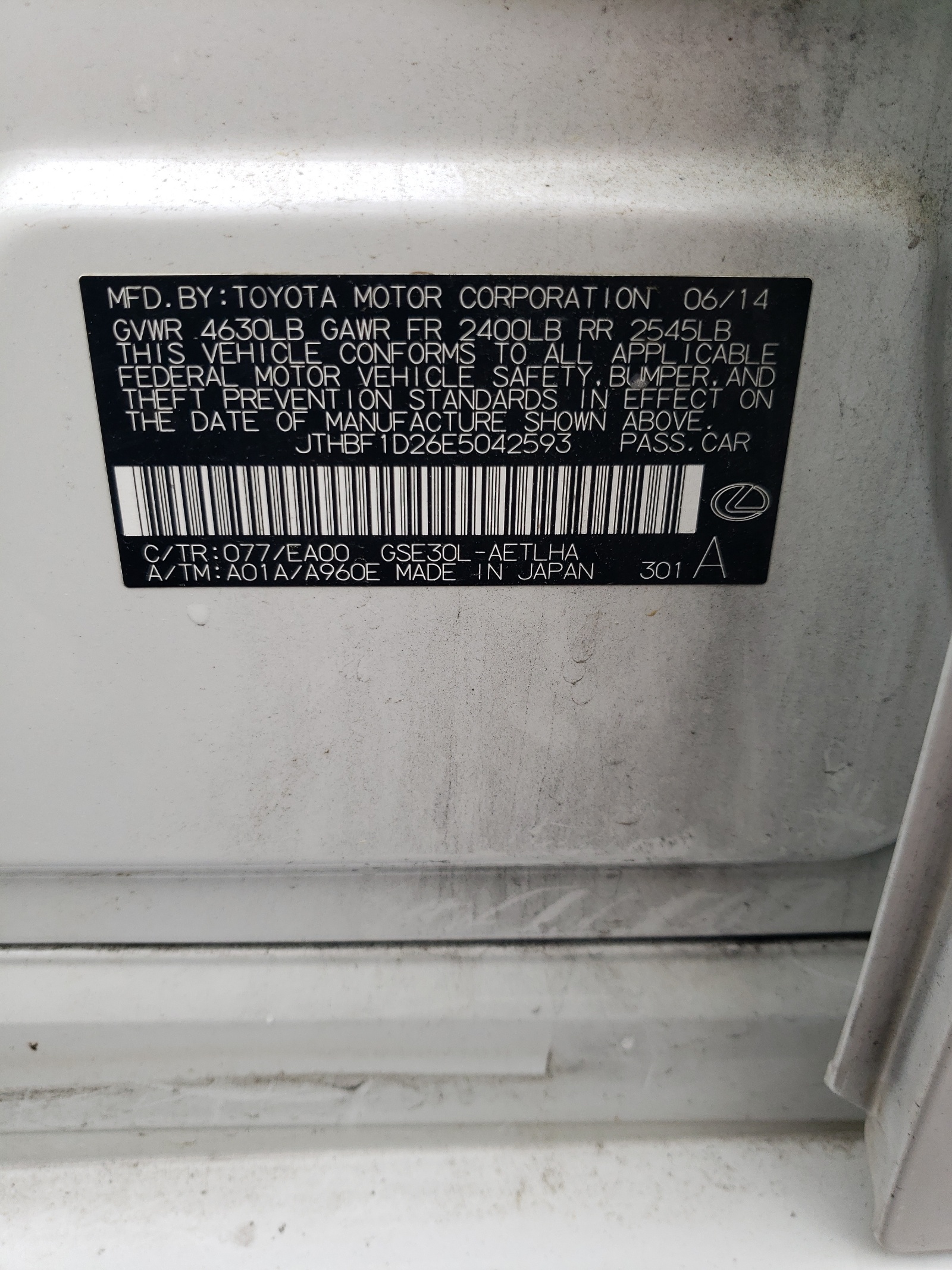 JTHBF1D26E5042593 2014 Lexus Is 250