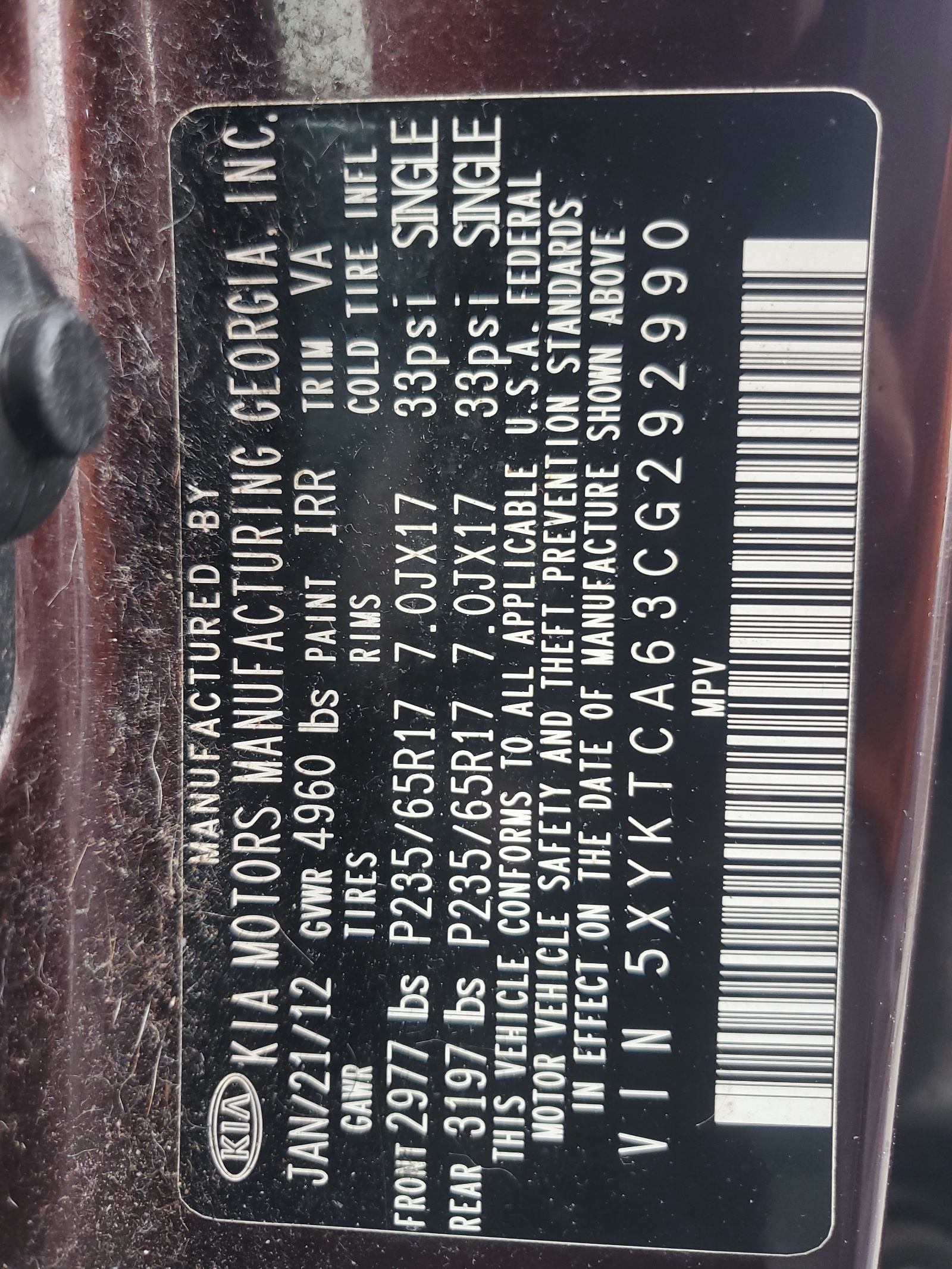 5XYKTCA63CG292990 2012 Kia Sorento Base