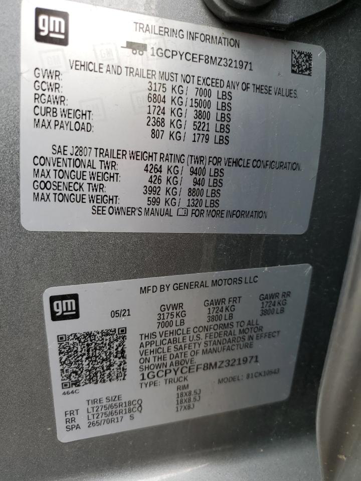 2021 Chevrolet Silverado K1500 Trail Boss Custom VIN: 1GCPYCEF8MZ321971 Lot: 54084654