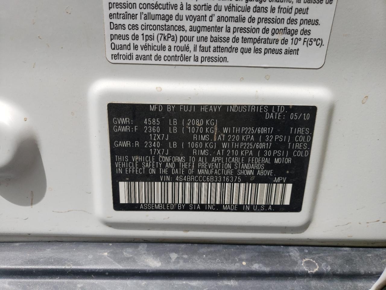 2011 Subaru Outback 2.5I Premium VIN: 4S4BRCCC6B3316375 Lot: 53748304