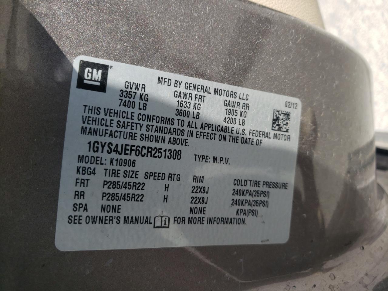 2012 Cadillac Escalade Esv Premium VIN: 1GYS4JEF6CR251308 Lot: 56636974