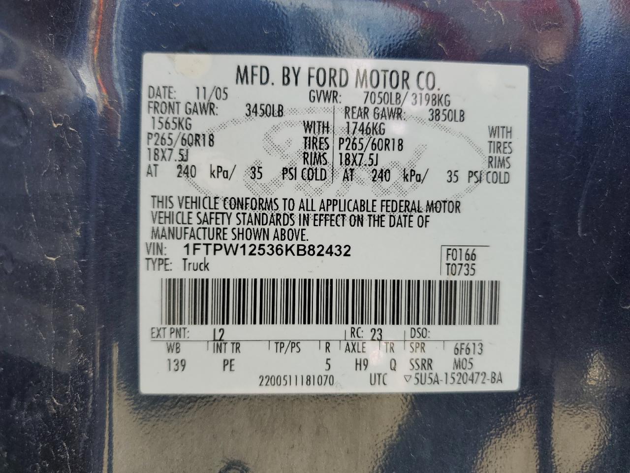 2006 Ford F150 Supercrew VIN: 1FTPW12536KB82432 Lot: 53136324