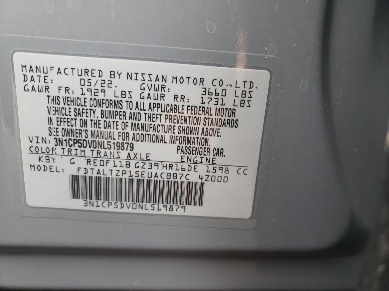 2022 Nissan Kicks Sr VIN: 3N1CP5DV0NL519879 Lot: 54536164